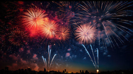 below shot of wonderfully vivid fireworks exploding against a black night sky-an enchanting image representing celebration, festive moments, and a dazzling display of vibrant colorsの素材