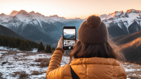 moment of an anonymous female traveler in a casual sweater, taking a picture of an amazing landscape with mountains and a sunset sky on her smartphone-a modern image representing travel, technology,の素材