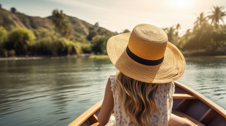 Lagoon serenity! tranquil moment of a young woman in a straw hat relaxing on a boat, gazing forward into the lagoon-a peaceful image representing summer vacation and waterside tranquilityの素材