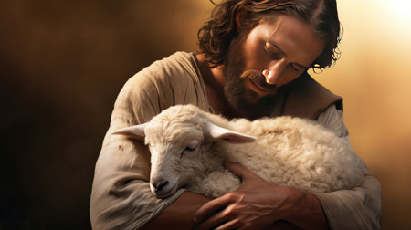 hands of God reaching out to a lost sheep-a powerful and evocative image depicting the biblical theme of divine rescue, grace, and the shepherd's love,の素材