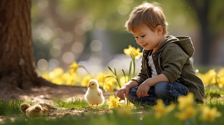 sweet, cute child, a preschool boy playing with little newborn chicks in the park-a heartwarming image embodying the innocence and joy of outdoor playの素材