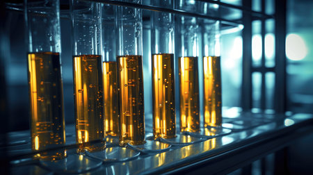 Glass test tubes with liquid in a chemical lab, epitomizing the meticulous quality check in petroleum refining-an image that sells the essence of industrial accuracy for stock excellenceの素材