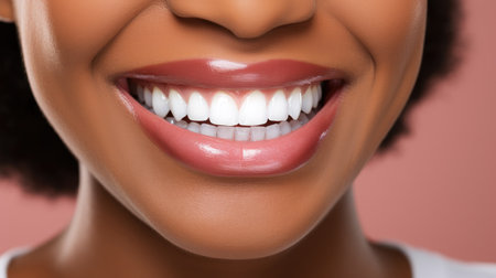 A fresh-faced woman exhibits an impeccable, wide smile, emphasizing excellent white teeth-an image that sells the essence of dental healthの素材