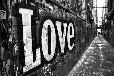 Street Love in Black & White: raw essence of urban culture with our graffiti-style 'love' word.の素材