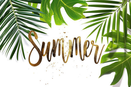 Golden Summer Magic: Dive into the sunlit vibes with our tropical poster! A palm leaf and golden handwritten capture the essence of summer. Transport your audience to a world of warmth and relaxation!の素材