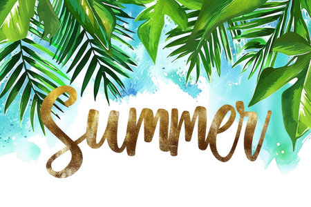 Golden Summer Magic: Dive into the sunlit vibes with our tropical poster! A palm leaf and golden handwritten capture the essence of summer. Transport your audience to a world of warmth and relaxation!の素材