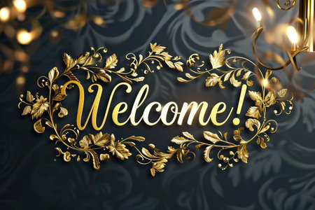 Golden Elegance Awaits: Elevate your projects with our 'Welcome!' golden text design. It's not just an invitation; it's an introduction to luxury and sophistication.の素材