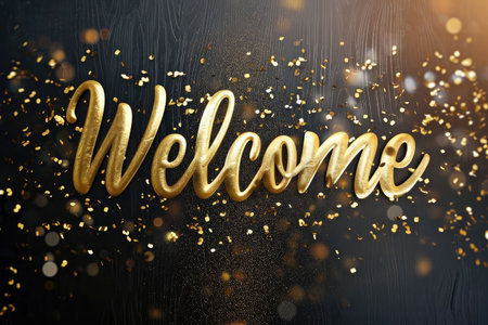 Golden Elegance Awaits: Elevate your projects with our 'Welcome!' golden text design. It's not just an invitation; it's an introduction to luxury and sophistication.の素材