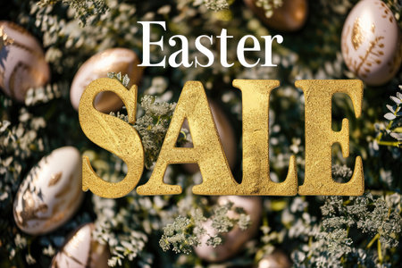 'Easter SALE' in radiant gold! Enhance your holiday promotions with this exclusive design.の素材