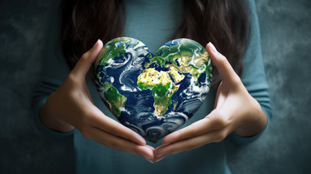 World Earth Day with an image featuring hands holding a heart-shaped globeの素材