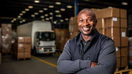 dynamic world of logistics-container movement by a happy truck driver in a bustling warehouse. Emphasize the readiness of a black man in transporting ecommerce goodsの素材