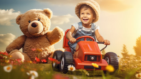 preschool boy having fun driving a big toy car, accompanied by his teddy bear in the fresh outdoor air.の素材
