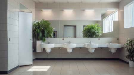 public empty toilet with a washbasin and mirror, emphasizing cleanliness and hygiene standards. Perfect for showcasing the pristine state of public restroom facilitiesの素材