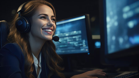 close-up of a young female technical support manager in her office domain.の素材