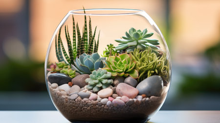 visually appealing image of a glass terrarium housing a variety of mini succulents, beautifully adorning a cozy windowsillの素材