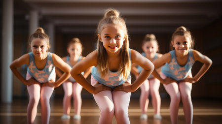 energetic image of children in synchronized gymnastic exercises.の素材