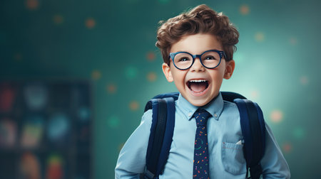smiling little boy in eyeglasses with a big backpack against a chalkboard.の素材