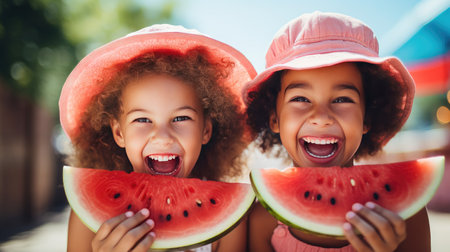close-up portrait of two young girls enjoying a watermelon.の素材