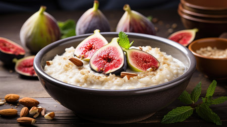 healthy breakfast of coconut rice porridge with figs, berries, and hazelnuts.の素材
