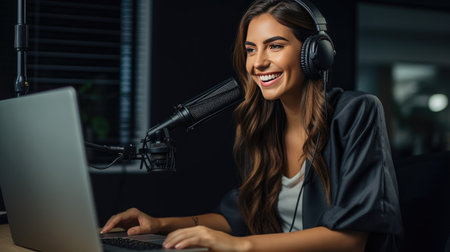 woman immersed in recording a podcast on her laptop with headphones and a microscope.の素材