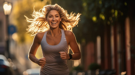 showing a side view of a young woman gracefully running along the sidewalk.の素材