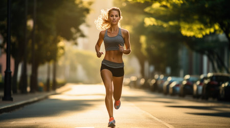 showing a side view of a young woman gracefully running along the sidewalk.の素材
