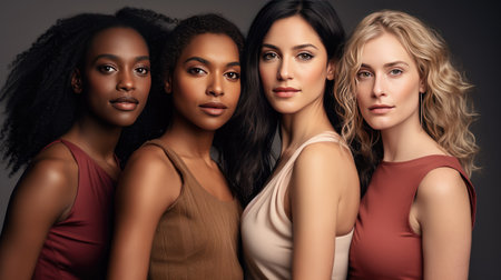 striking image of four young women with distinct skin types, united in strength and beauty. Perfect for promoting inclusion, empowerment, and cultural diversity.の素材