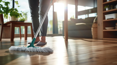 young woman in protective gloves using a wet mop to clean her floor.の素材