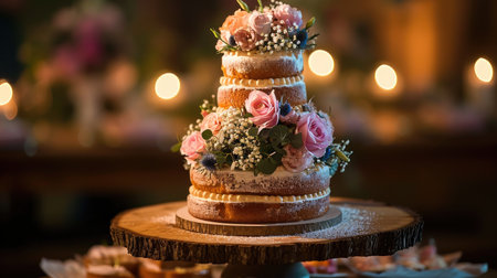 sweetness of a rustic wedding with an image of a delightful wedding cake in rustic style. This visual reflects the charming elegance and sugary perfection of a rustic-themed celebrationの素材