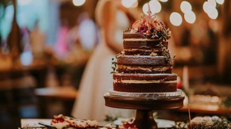 sweetness of a rustic wedding with an image of a delightful wedding cake in rustic style. This visual reflects the charming elegance and sugary perfection of a rustic-themed celebrationの素材