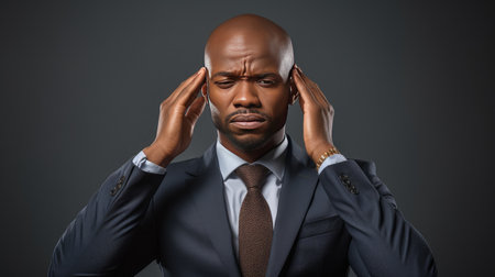 essence of corporate concentration as an African American businessman in a classic suit touches his temples in a thoughtful pose against a gray backdrop.の素材