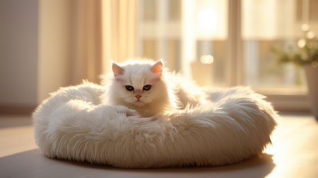 charm of a cute cat in its element, lying contentedly in a plush cat bed. The adorable feline exudes relaxation, creating an irresistible image of domestic bliss and comfortの素材