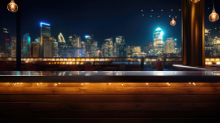 elegance of a gala concept with a night panorama in a bar. Bokeh lights and an empty wooden table set the scene for a stylish and festive atmosphereの素材