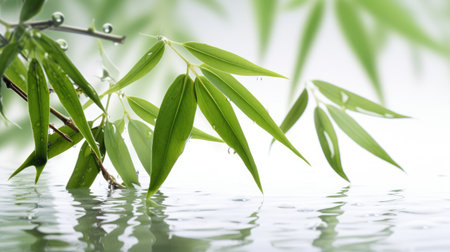 calming allure of bamboo leaves with water drops on a white background.の素材