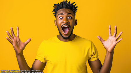 of surprise with an image of a young African American man in a yellow emotion casual t-shirt, spreading his hands, keeping his mouth open, and eyes wide on a yellow background.の素材