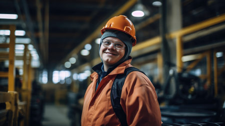 diversity and inclusion with an empowering image of a young man with Down syndrome working in an industrial factory.の素材