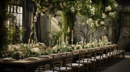 charm of eco-style with an image showcasing amazing decor at a summer wedding. This eco-friendly setup harmonizes nature-inspired elements, creating a breathtaking sceneの素材