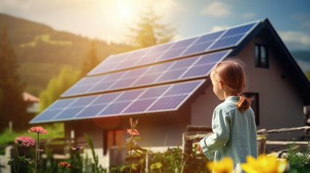 Sustainable home view: moment as a dad holds his little girl, both admiring their house adorned with solar panels.の素材