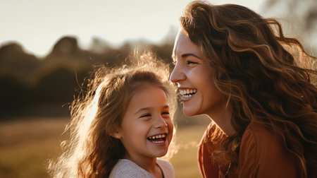 Heartfelt laughter: Capture the joy as a happy mother and daughter share genuine laughter together outdoors.の素材