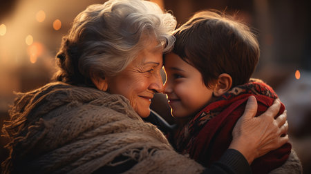 Generational love: A child visits his grandmother during the feast, hugging and celebrating a traditional holiday.の素材