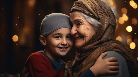 Generational love: A child visits his grandmother during the feast, hugging and celebrating a traditional holiday.の素材