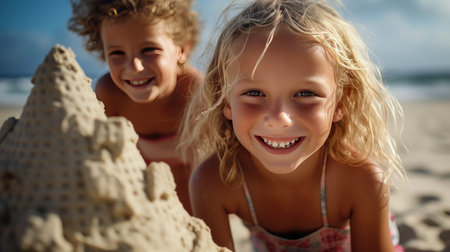 Summer beach play: Dive into the sun-soaked joy of a boy and girl building a sandcastle on the shoreの素材