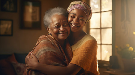 "Heartfelt hug: Capture the emotional moment of an African daughter embracing her senior mother at home.の素材