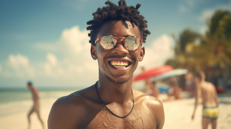 Family joy at the beach: A happy African family enjoys summer vacation, creating joyful moments in the sun.の素材