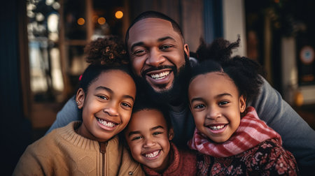 Family embrace: An African American man smiles while hugging his wife and daughterの素材