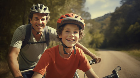 Fatherly bike lesson: heartwarming moment as a father teaches his son to ride a bicycle on the road.の素材