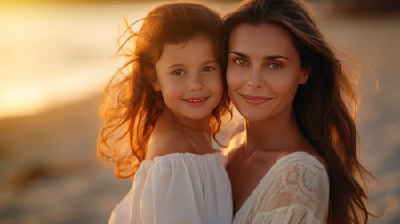 Summer sunset bonding: A mother and her daughter in white summer clothing stand on a beautiful beach, enjoying the warm colors of the sunset.の素材