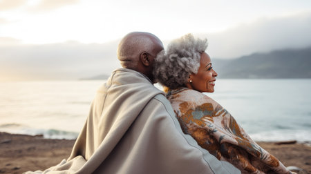 Authentic retirement bliss: A rear view of a happy senior African-American couple enjoying the sea and mountains on a cloudy day at the beach.の素材