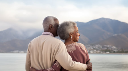 Authentic retirement bliss: A rear view of a happy senior African-American couple enjoying the sea and mountains on a cloudy day at the beach.の素材