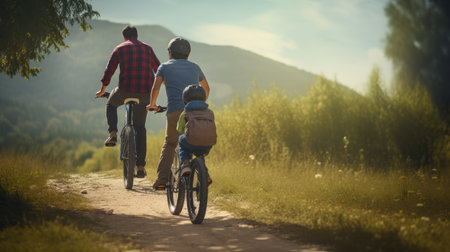 Fatherly guidance: A rear view of a boy riding a bicycle with his fatherの素材